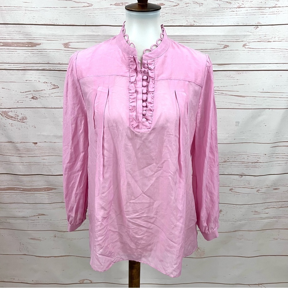 Reiss Pink Scallop Trim Ashlyn Ruffle Detail Silk Blend Blouse Shirt